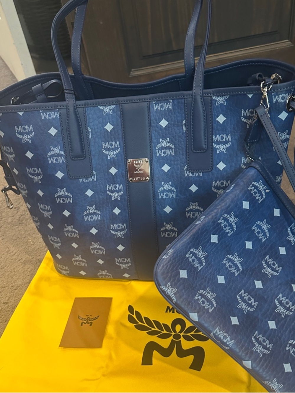 MCM Navy Monogram Tote / Shoulder Bag handbag with Matching Wristlet Purse Pouch